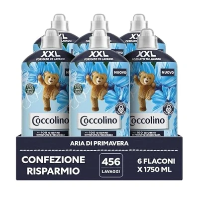 Imagen de Coccolino suavizante concentrado Aire de primavera, para lavadora con tecnología Stay Fresh, notas afrutadas, rosa y sándalo, formato XXL hasta 456 lavados, 6 unidades 1750 ml