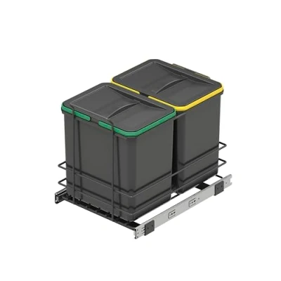 Imagen de Emuca Contenedor de reciclaje mueble cocina, 2 x 16 L, fijación inferior y extracción manual, Plástico gris antracita