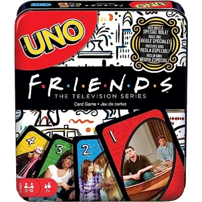 Imagen de Mattel Games Juego de cartas UNO Friends para noche familiar con gráficos temáticos programas televisión y una regla especial 2 10 jugadores (exclusivo Amazon)