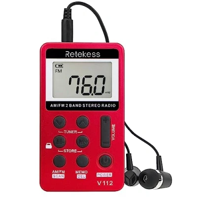 Imagen de Retekess V112 Radio Portátil Pequeña,Mini Receptor de Sintonizador Digital Am FM,Batería Recargable,con Auriculares,Temporizador Apagado,Adecuado para Correr,Viajar,Pescar(Rojo)