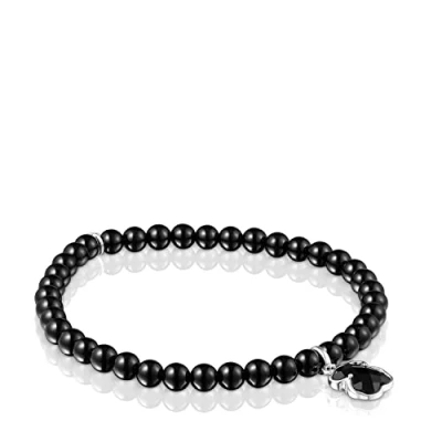 Imagen de TOUS Pulsera Elástica de Gemas Ónix para Mujer con Motivo Oso en Plata Primera Ley 0,9 cm, Clásica y Pura, Colección Icon Color