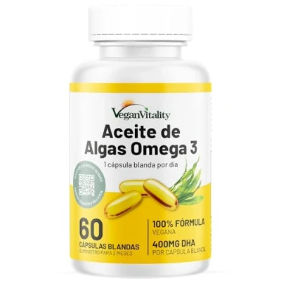 Imagen de Omega 3 Vegano Aceite de algas Vegan Vitality: 400mg DHA por cápsula. 60 cápsulas, 2 meses suministro. Vitaminas vegetarianas puras a base plantas