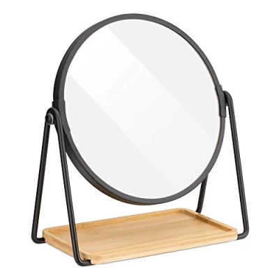 Imagen de Navaris Espejo de Mesa Redondo Doble Cara con Aumento 2X y 1x para tocador baño Base Bandeja bambú Maquillaje Joyas Negro