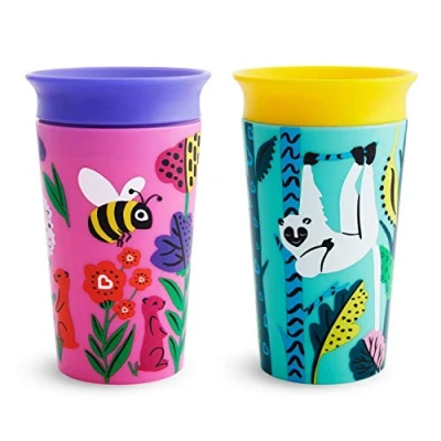 Imagen de Munchkin Vaso antiderrame e infantil de Bebé y Niños Pequeños Vasos con Borde 360º Silicona Libre BPA Apto para Lavavajillas, Embalaje Reciclado, Lote 2 x 266 ml, Lémur/Abeja