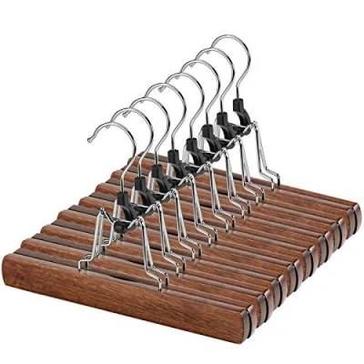 Imagen de AMKUFO Perchas de Madera Nogal para Pantalones con Clips, 12 Unidades, Antideslizantes Faldas, Pantalones, Percha Maciza Gancho Giratorio 360