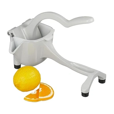 Imagen de Relaxdays Exprimidor Manual Limones, Limas y Naranjas, Incluye Colador, Colector, Boquilla Antigoteo, Aluminio, Gris, 12.5 x 26 14.5 cm