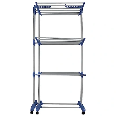 Imagen de HUOLE Tendedero Vertical Tipo Torre, Tendedores de Ropa Plegable, Plegable 4 Ruedas 3 Niveles Estante Tubo Acero Lavanderia Tendero (75 142,5 * 64 170cm Azul+Gris)