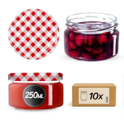 Imagen de KADAX tarros pequeños de 250 ml, mermelada con tapa, herméticos para regalar, minitarros miel y especias (10 unidades, cuadros rojos)