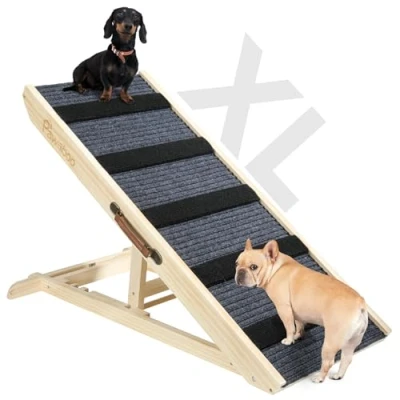 Imagen de Pawaboo Rampa para Perros Cama, Mascotas Madera, 4 Altura Ajustable29,5/37/45/57cm con Alfombra Antideslizante, Escalera de Pequeños Medianos Gatos Sofá Cama Coche, Madera