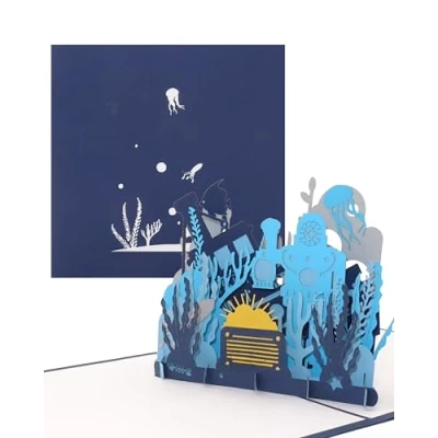 Imagen de tarjeta desplegable 3D &quot;buceador y mundo submarino&quot; Fantástica de cumpleaños viaje, invitación para infantil, vale regalo nadar intercambiar