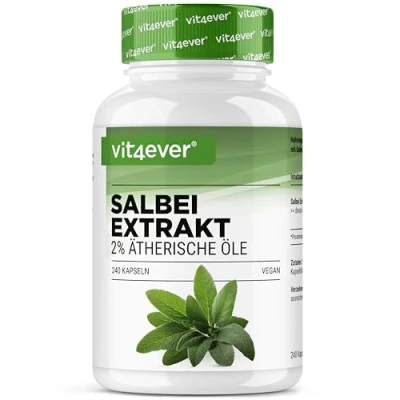 Imagen de salvia 240 cápsulas alta dosis 6000 mg de por cápsula (Salvia officinalis extracto 10:1) 2% aceites esenciales Suministro para 7 meses Sin aditivos indeseados Vegano