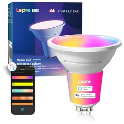 Imagen de Lepro BG1 AI Bombilla LED Inteligente GU10, Compatible con Alexa y Google Assistant, Muilticolor RGBCW Regulable, Sincronización Música, Control por Voz, GU10 WiFi Bluetooth