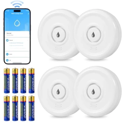 Imagen de Detector de Fugas Agua WiFi 2.4GHz con Batería 100dB Alarma Inteligente Sensor Agua, Smart Life App Control para Cocina Sótano Baño (Paquete 4)