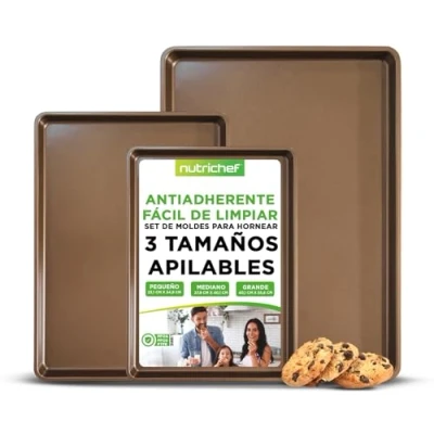 Imagen de NutriChef juego de 3 bandejas horno, Para hornear, Servir, Apilables, Rectangulares, Antiadherentes, Sin PFOA, PFOS, PTFE. Dorado