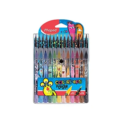 Imagen de Maped Rotuladores de Colores para Niños Color&#039;s Peps Monster 12 Punta Media + 15 Lápices Decorados con Dibujos TInta Lavable Estuche Reutilizable