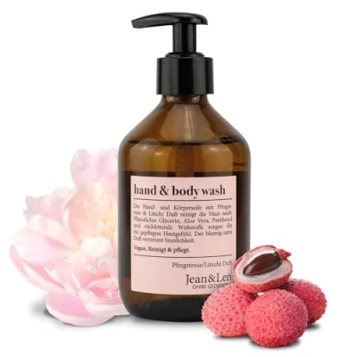 Imagen de Jean&amp;Len Hand &amp; Body Wash Jabón líquido para manos y cuerpo con peonía lichi, limpia e hidrata la piel durante los lavados, sin parabenos, siliconas ni microplásticos, vegano, 300 ml