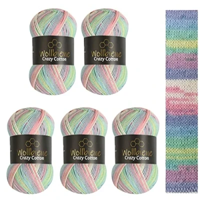 Imagen de Wollbiene Crazy Cotton Batik 5 ovillos de 100 g lana para tejer (500 g, 55% algodón, degradado), multicolor (2010, verde, rosa, blanco pastel)