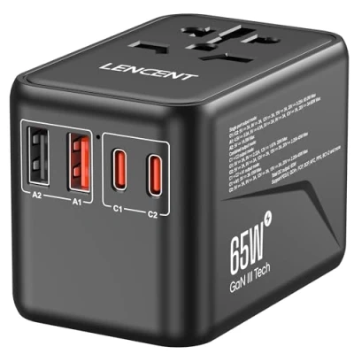 Imagen de LENCENT Adaptador Enchufe Universal GAN III 65W, Internacional con 2 QC4.0 USB A+ PD3.0 Tipo C Carga Rápida, Europeo para Móvil, Tableta, Portátil, USA/UK/EU/AUS, Negro
