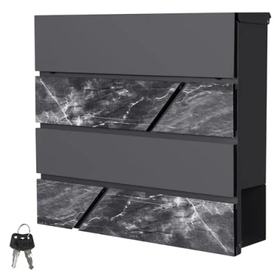Imagen de ML Design Buzón De Correo con Compartimento para El Periódico 37x36,5x11cm Acero Antracita Aspecto Mármol Negro Cerradura 2 Llaves Solapa Cierre Total Moderno Montado En La Pared Exterior