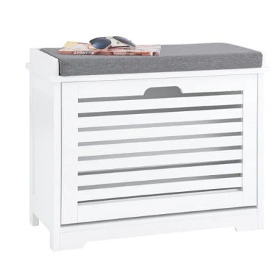 Imagen de SoBuy Banco Zapatero con 1 Hoja abatible y cojín, para Entrada, Pasillo, Blanco, L60xP29xH49 cm FSR184 K W ES