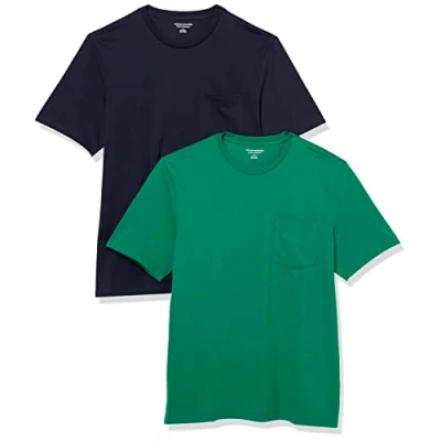 Imagen de Amazon Essentials Camiseta de Manga Corta con Bolsillo, Cuello Redondo y Corte Recto Hombre, Pack 2, Azul Marino/Verde, S