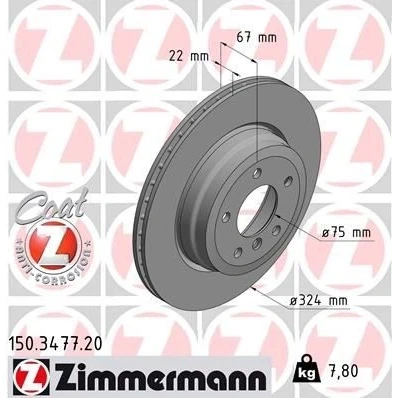 Imagen de ZIMMERMANN COAT Z 150.3477.20 Disco de freno 324 22 6/5 5 120 ventilación interna, ranurado, avellanado revestido altamente carbonizado BMW: 3 Coupé