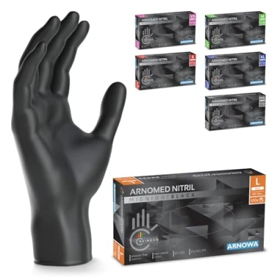 Imagen de ARNOMED guantes nitrilo negro talla L, de nitrilo, caja 100 unidades, negros sin polvo y látex, desechables, mecanico en XS, S, M, XL, XXL