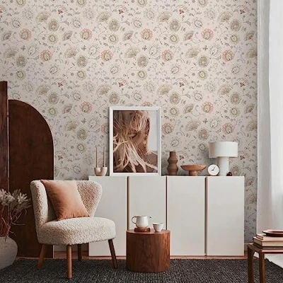 Imagen de Livingwalls Papel pintado floral en tonos beige, rosa y gris de pared para diversas habitaciones 10,05 m x 0,53