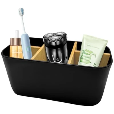 Imagen de Xpieoyrm Particiones de Bambú Porta Cepillo Dientes, Organizador Cepillos Dientes 5 Compartimentos Desmontable, Escritorio, Multiusos para Oficina, BañO Cocina