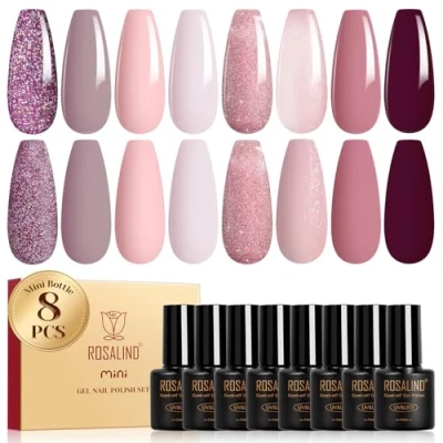 Imagen de ROSALIND Esmaltes Semipermanentes Morado, 8 Color Glitter Morado Avena Nude Rosa Colores Uñas, UV LED Pintauñas Manicure Regalo