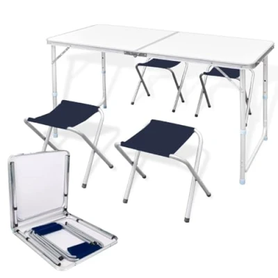 Imagen de azorex Mesa Plegable Ajustable de Aluminio con 4 Taburetes Plegables Regulables para Camping Ideal y Jardín Transporte Fácil Compacto