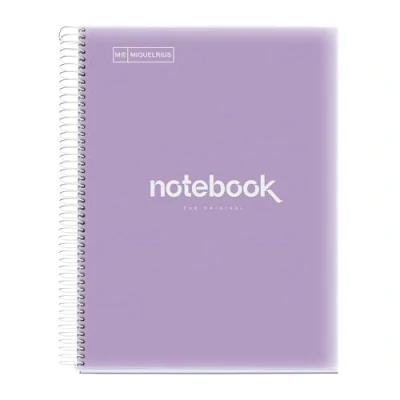Imagen de Miquelrius Cuaderno A4 Notebook Emotions, 120 Hojas 90 g/m², Rayado Horizontal 7 mm, 5 Franjas de Colores, Espiral Microperforado, Tapa Polipropileno, 4 Taladros, Color Lavanda