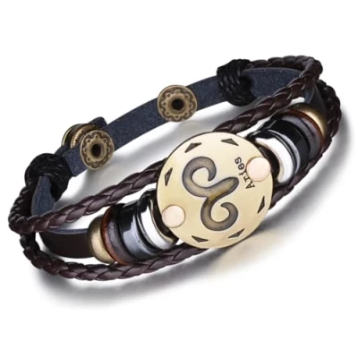 Imagen de Unendlich U Infinito Pulsera Mujer Hombre de Cuero 12 Constelaciones Trenzada Piel Aleación Multi Layer Negro Pulseras, Opciones (Aries)