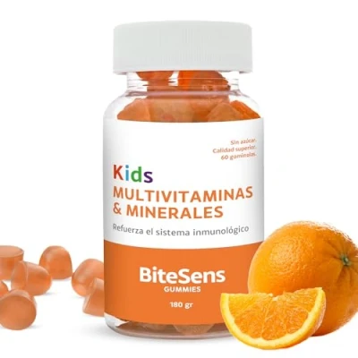 Imagen de Multivitaminas Infantil en Gominola. Contiene Vitaminas A, D, E, C, B6, Ácido Fólico, B12, Biotina, Pentoténico, Zinc, Yodo, Selenio. Sin Azúcar, Gluten y Lactosa. 60 uds, 150 gr