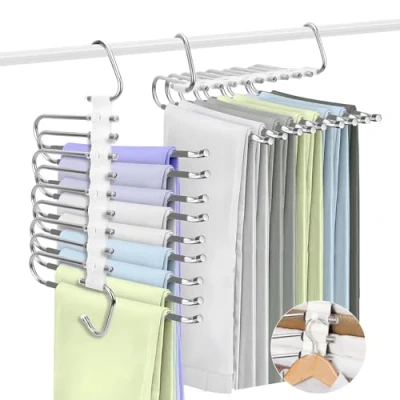 Imagen de ZPQAODI 9 En 1 Perchas,Perchas Pantalones,2 Pantalones Ahorra Espacio,Perchas Espacio, Percha De Acero Inoxidable Extensible para Vaqueros, Leggings (Blanco Gris)