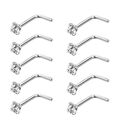 Imagen de Zeayebsr 10 Piezas 20 Guage Piercing de Nariz Acero Inoxidable Aros Zirconia Cúbica Joya Cuerpo, Forma L Curvado