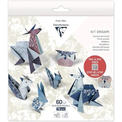 Imagen de Clairefontaine 95368C Kit de 60 hojas papel origami 70 g/m², 3 formatos: 10 x cm, 15 20 cm + paso a paso, 4 modelos diferentes, con 5 ilustraciones animales