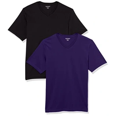 Imagen de Amazon Essentials Camiseta de manga corta, cuello pico, corte recto (disponible en tallas grandes y largos especiales) Hombre, Pack 2, Negro/Morado Oscuro, M