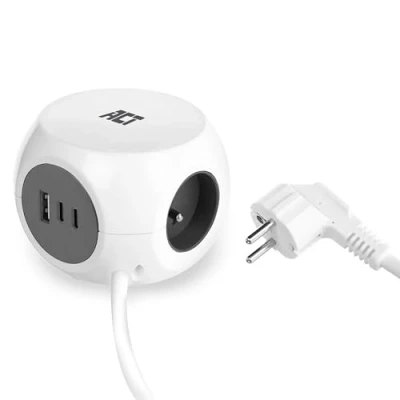 Imagen de ACT Toma de cubo con USB, 2 USB C (30 W PD 3.0) y 1 A (QC 3.0), cargador 3 compartimentos, almohadilla adhesiva para cocina, oficina, salón, longitud cable 1,5 m, color blanco AC2425