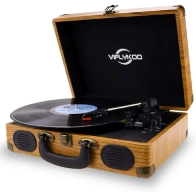 Imagen de VIFLYKOO Platino Vinilo, Vinilo con codificador Digital Portabl Bluetooth Altavoces estéreo Integrados de Tres velocidades 33/45/78 TR/min y Entrada/Salida AUX Madera Natural