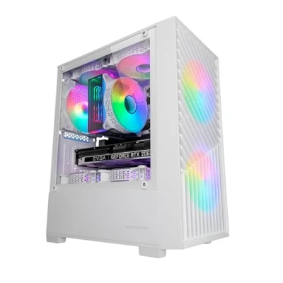 Imagen de MARSGAMING MC Vortex, Caja Gaming MicroATX, Frontal Mesh Geométrico, Ventana Lateral Cristal Templado, 3X Ventiladores FRGB Rainbow 120mm, Minitorre PC Compacta con Diseño Doble Cámara, Blanco