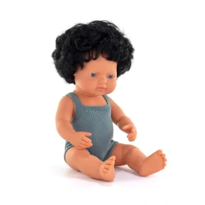 Imagen de Muñeco de Pelo Moreno Rizado con Pelele Plomo 38 cm