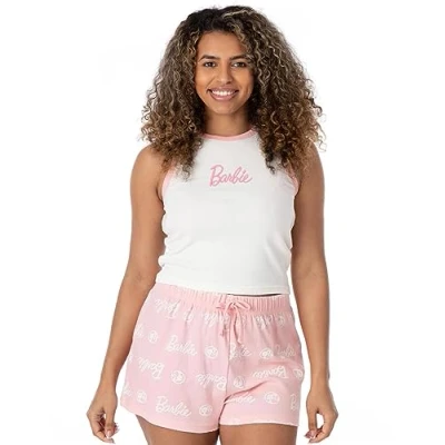 Imagen de Barbie Pijama Corto Ladies Logotipo de muñeca Mujer Chaleco Blanco Acanalado con Pantalones Cortos elásticos Rosas Ropa Mercancía