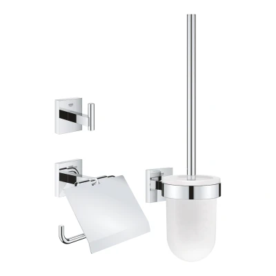 Imagen de GROHE Start Cube QuickFix set de accesorios 3 en 1, Portarollos con tapa, colgador individual y escobillero, cromo, para pegar (pegamento QuickGlue A1) o atornillar, ref. 41123000