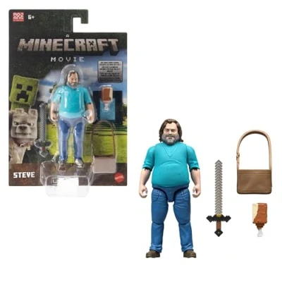 Imagen de Mattel Minecraft Steve, Conjunto de Figura acción y Accesorios, Personaje Coleccionable 10,16 cm Inspirado en “Una película Minecraft, JFR57