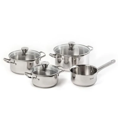 Imagen de Tefal Duetto Juego de 3 Ollas 16/20/24 cm+C56 y cazo 16 cm, batería cocina acero inoxidable, tapas cristal, marcas medición, todo tipo cocinas, apto horno lavavajillas