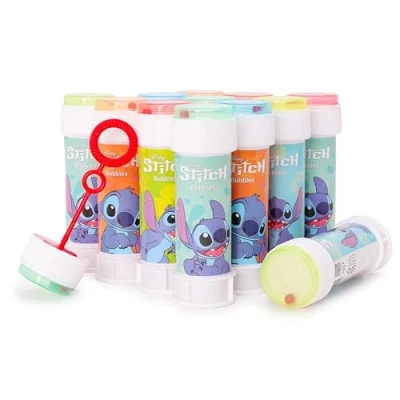 Imagen de Toyland® Pack de 12 Stitch Botes Burbujas con Varitas, Solución 60ml y Tapa Laberinto Novedosa Juguetes para bolsitas Fiesta Dinero Bolsillo
