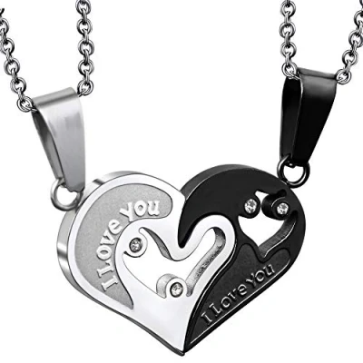 Imagen de 2 piezas de acero inoxidable collar pareja enamorada para 2, colgante enamorada, corazón mujer hombre plata negro amor separable amiga rompecabezas cadena 50