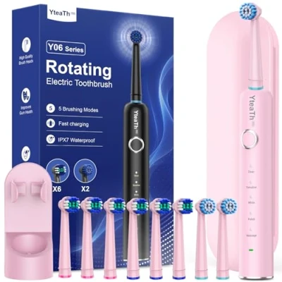 Imagen de Cepillo de Dientes Eléctrico Rotación Adultos con 8 Cabezales Electrico Estuche Viaje, 5 Modos, IPX7 Impermeable, Viaje Recargable, Rosa