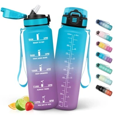Imagen de HoneyHolly Botella Agua 1 Litro, Gimnasio sin BPA con Marcador de Tiempo, Plastico Deportiva Motivacional, Pajita, Cantimplora para Gimnasio, Colegio, Bicicleta